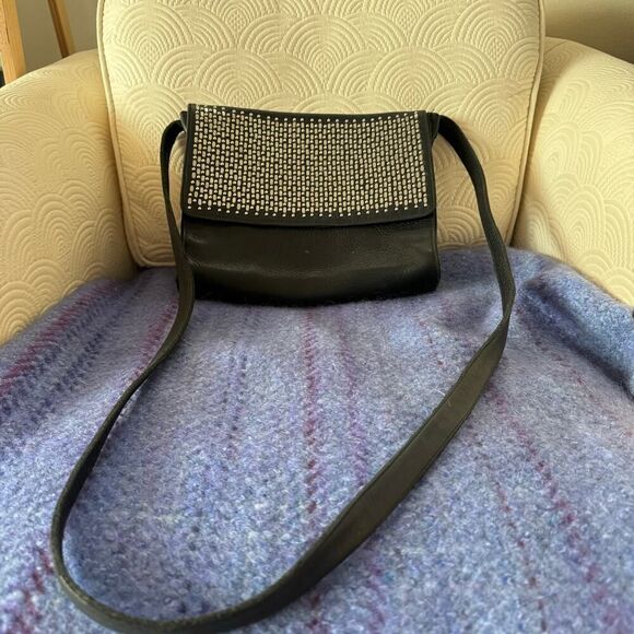 Calleen Cordero Handmade Black Leather & Silver Studded Crossbody Messenger Bag - Picture 7 of 8